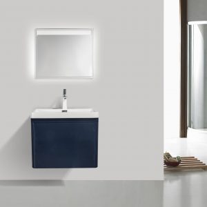 Meuble-lavabo Happy, bleu lustré, 1 tiroir et lavabo blanc
