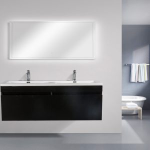 Meuble-lavabo double Kara, noir mat, et comptoir blanc