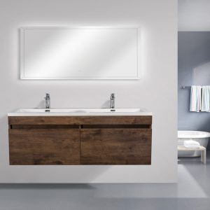 Meuble-lavabo double Kara, couleur Rosewood, lavabo double blanc