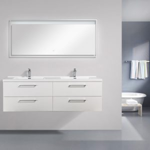 Meuble-lavabo double, blanc lustré et 2 grands tiroirs