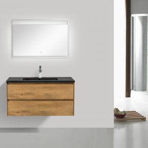 Meuble-lavabo de salle de bain, couleur chêne, deux tiroirs et lavabo noir