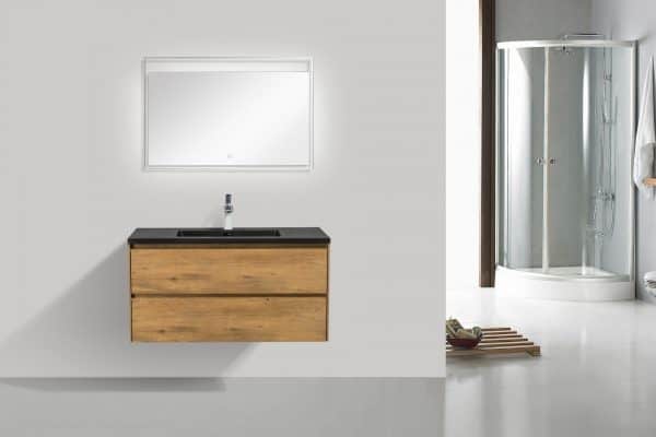 Meuble-lavabo de salle de bain, couleur chêne, deux tiroirs et lavabo noir