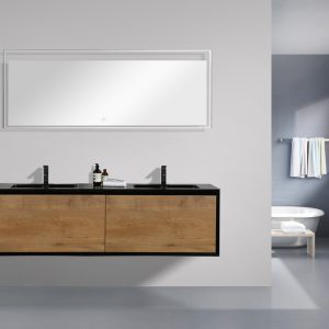 Vanité de salle de bain moderne, lavabo double, couleur chêne et contour noir