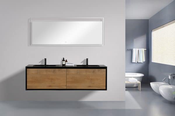 Vanité de salle de bain moderne, lavabo double, couleur chêne et contour noir