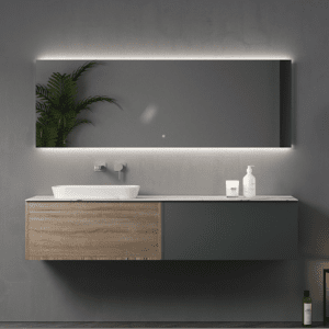 Meuble-lavabo de salle de bain Fontana, fini en PVC, chêne et gris, et miroir de salle de bain rectangulaire