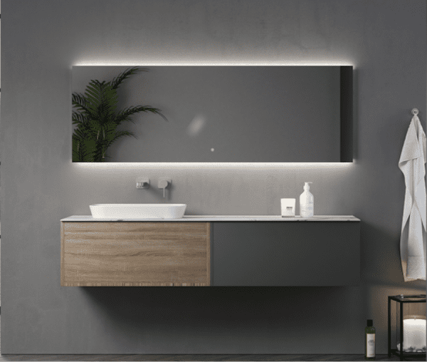 Meuble-lavabo de salle de bain Fontana, fini en PVC, chêne et gris, vasque déposée sur le comptoir