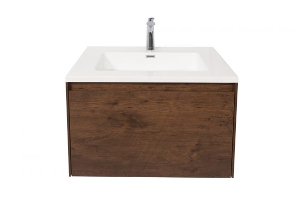Vanité de salle de bain Slim, brun, avec comptoir blanc, tiroir fermé