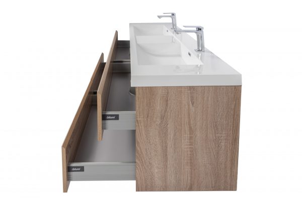 Meuble-lavabo Flore 62 double, couleur chêne blanc, avec comptoir blanc, 4 tiroirs ouverts, vue de côté