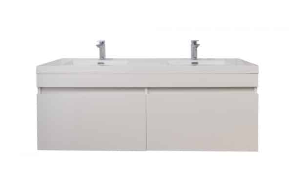 Meuble-lavabo blanc lustré Kara (double) avec tiroirs fermés, vue de face