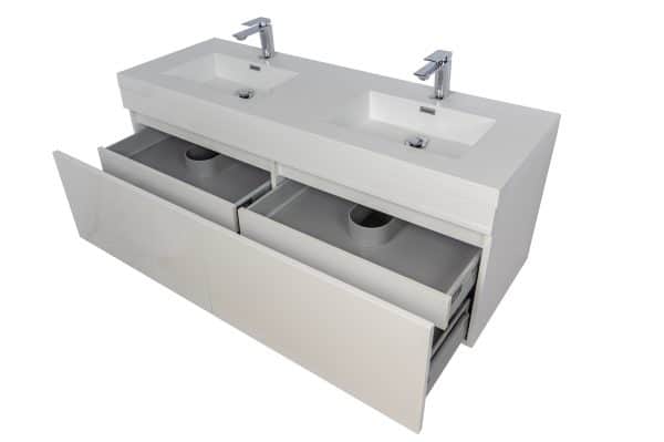 Meuble-lavabo blanc lustré Kara avec tiroirs ouverts