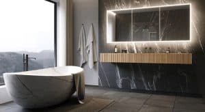 Salle de bain tendance avec bain autoportant, vanité suspendue pour le rangement et miroir DEL