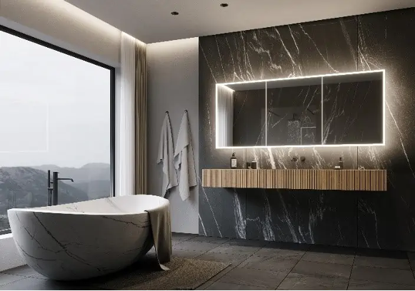 Cette salle de bain moderne met en valeur un bain autoportant et un meuble lavabo flottant