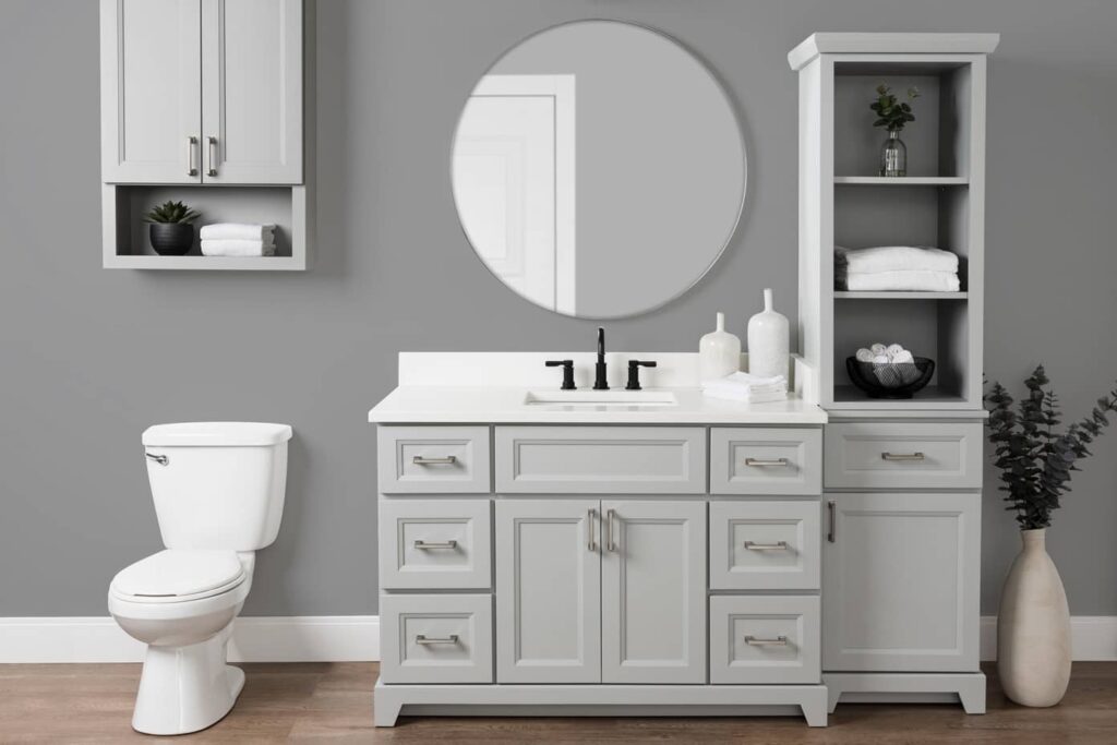 Vanité de salle de bain et avec armoire lingerie pour le rangement des serviettes et produits de salle de bain