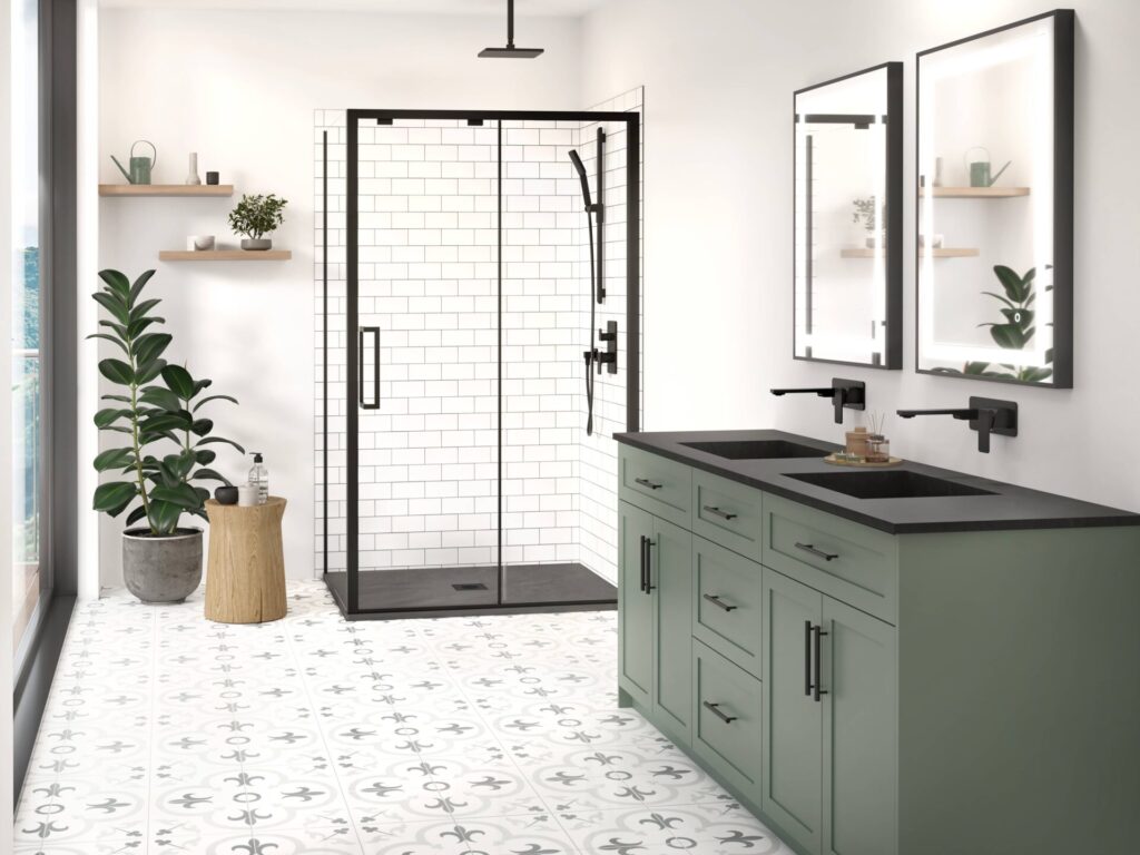 Douche avec base en composite de pierre de couleur noire, grande tendance 2026 et vanité de couleur vert sauge