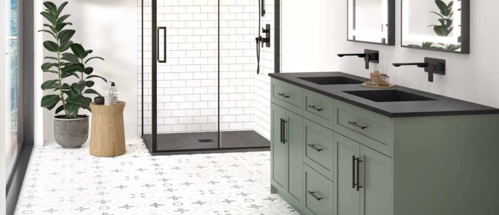 Douche avec base en composite de pierre de couleur noire, grande tendance 2026 et vanité de couleur vert sauge