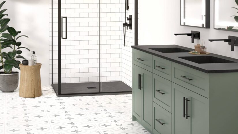Douche avec base en composite de pierre de couleur noire, grande tendance 2026 et vanité de couleur vert sauge