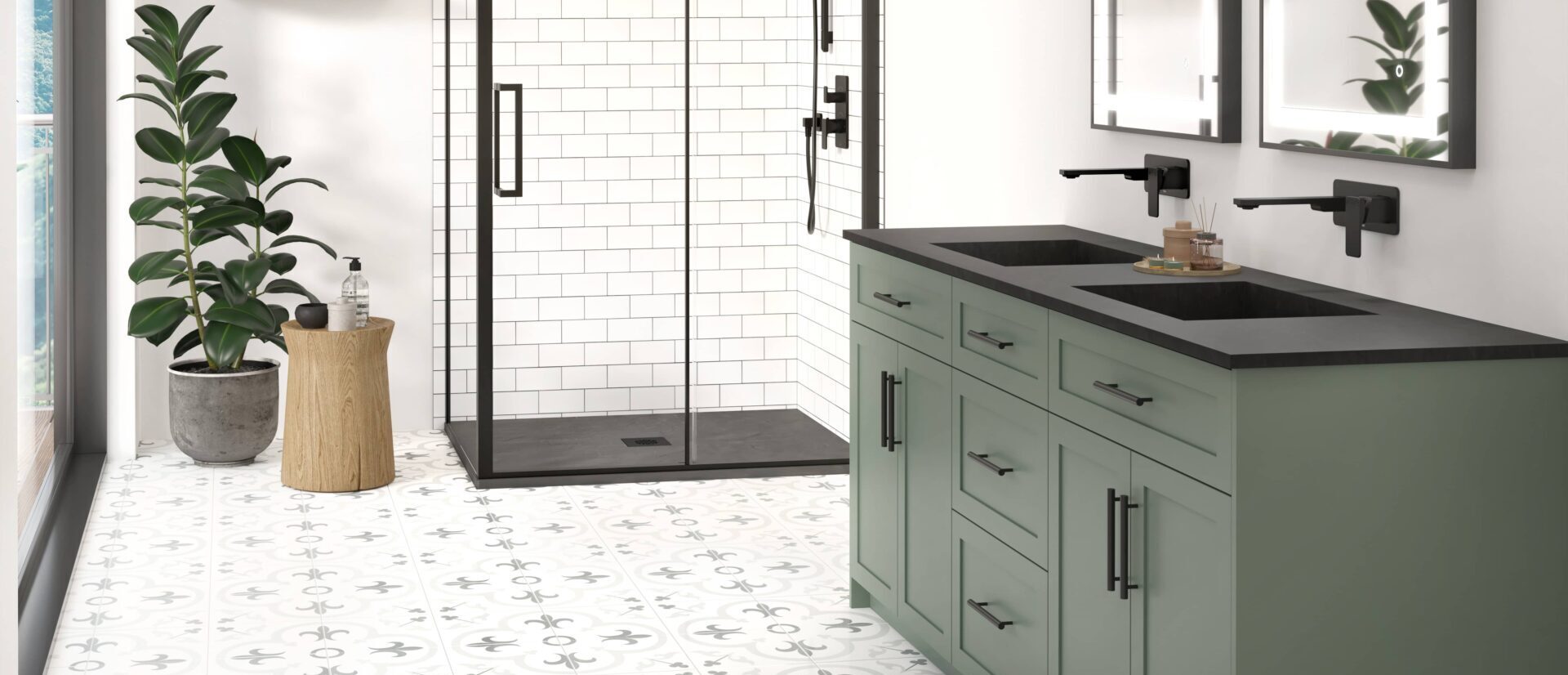 Douche avec base en composite de pierre de couleur noire, grande tendance 2026 et vanité de couleur vert sauge