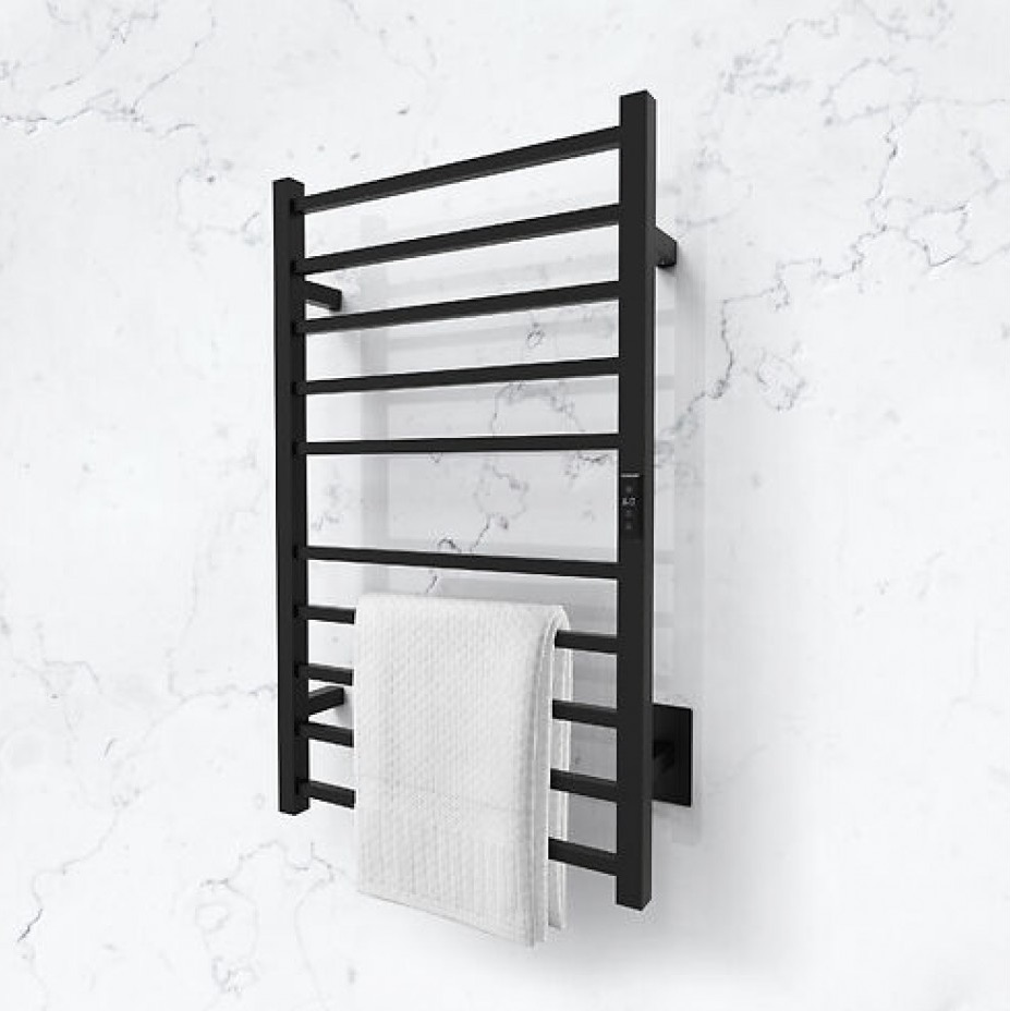 Chauffe-serviette mural de couleur noire avec une serviette blanche