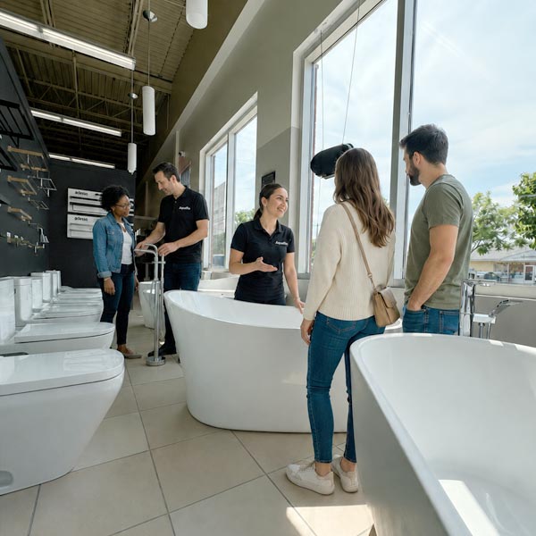 Clients discutant avec des membres de l'équipe de Plomberie Aquadiva, à Laval