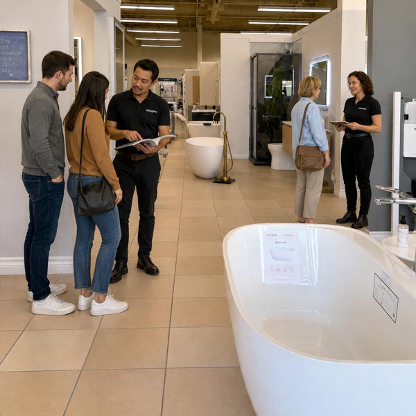 Clients en salle de montre chez Plomberie Aquadiva, à Laval